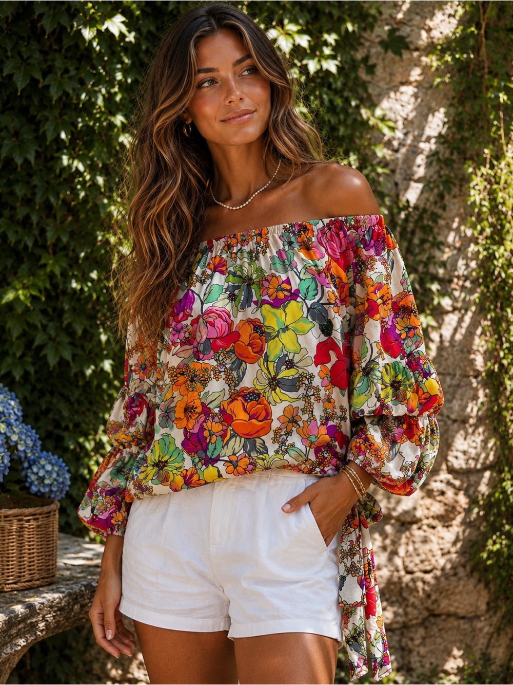 COCO BIANCO Bold Floral On/Off the Shoulder Blouse with Side Tie, S